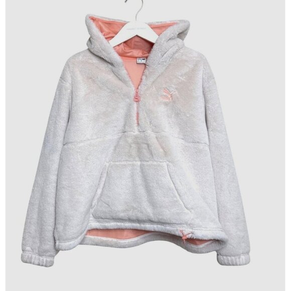 Puma Women's Pullover Faux Fur Jacket 1/4 Zip Hooded Off White Peach Size L - Picture 1 of 11